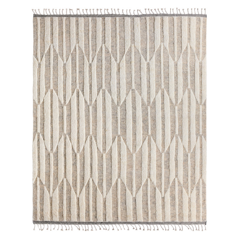 Hand Knotted Wool Geometric Area Rug in Beige/Ivory, Rectangle 10' x 14'