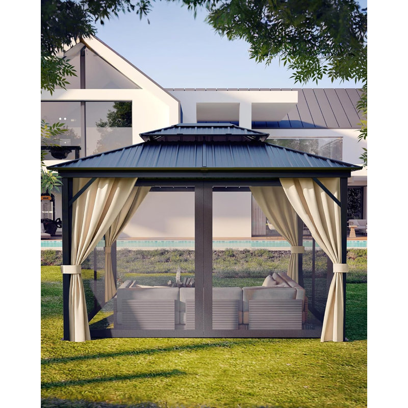 Hardtop Gazebo 12'x14' - Aluminum Frame Permanent Pavilion with Curtains and Netting, Outdoor Double Metal Roof, Heavy Duty Poles for Patio, Deck, Backyard, Lawn, Garden
