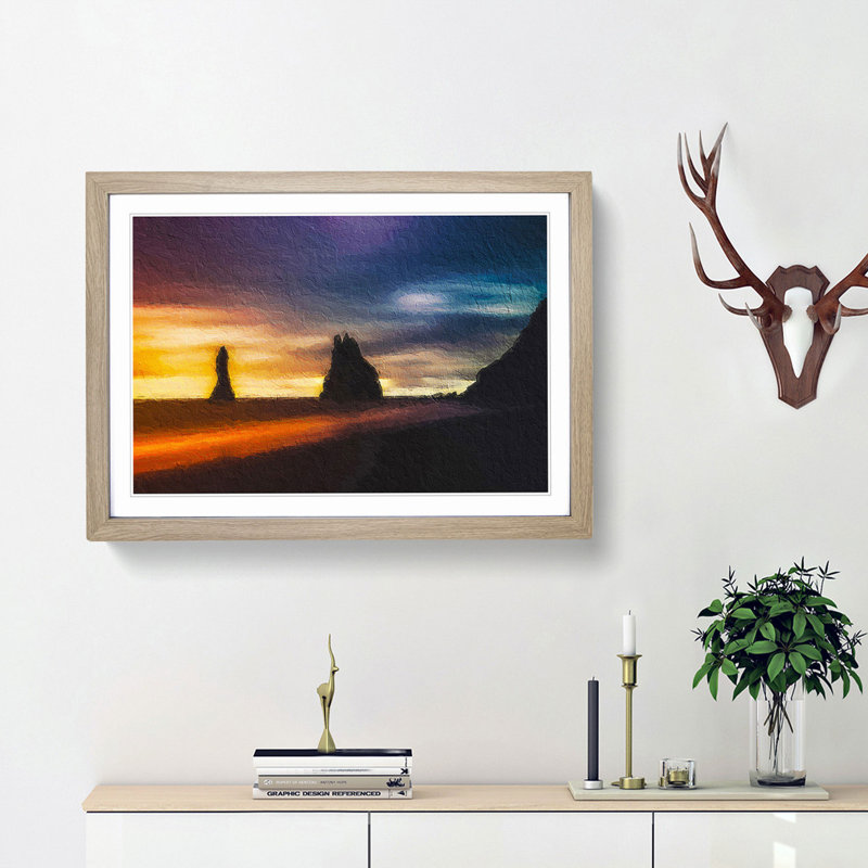 Beach In Vik Iceland - Single Picture Frame Painting, 24cm H x 33cm W x 2cm D, Oak Framed