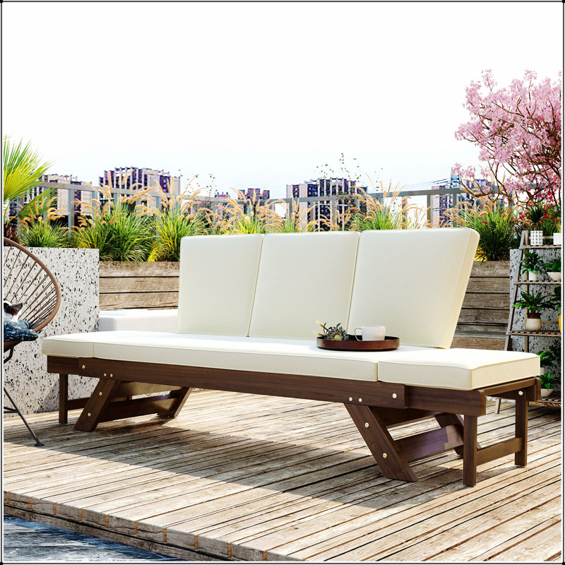 Outdoor Adjustable Patio Wooden Daybed Sofa Chaise Lounge with Cushions, Beige