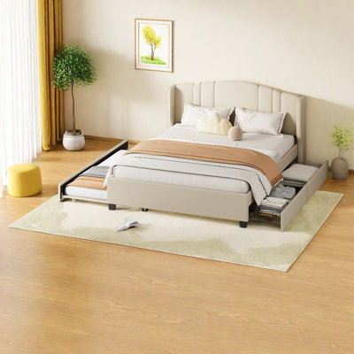 Lits de rangement, lit plateforme en bois et lin queen avec lit gigogne, style moderne