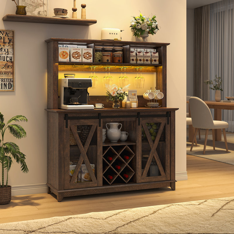 63"W Farmhouse Coffee Bar Cabinet With Wine Rack And Storage, Wine Bar Cabinet With LED Light, Adjustable Shelf For Tea Liquor Wine, Kitchen Buffet Cabinet W/Sliding Barn Door & 15 Wine And Glass Racks For Kitchen Dining Room