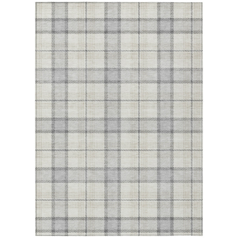 Silver Rectangular Washable Synthetic Plaid Area Rug 46" x 30"