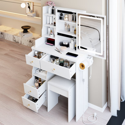 29.2" Desktop Dressing Table And Cushioned Stool, 2 Ac+2 Charging Ports, Hair Dryer Stand, Large Touch - Controlled Sliding Led Mirror With Three Color Selection Brightness Tuning, Suitable For