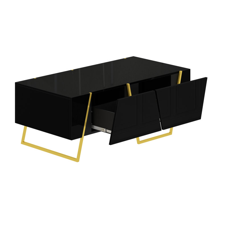 Table basse moderne et ultrabrillante rectangulaire pour le salon avec rangement et base dorée, 4 tiroirs, noir, 47,2 po