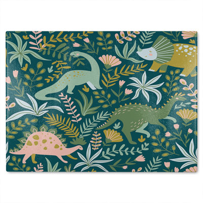 Hand drawn dinosaurs and tropical leaves and flowers. Designer Glass Chopping Board