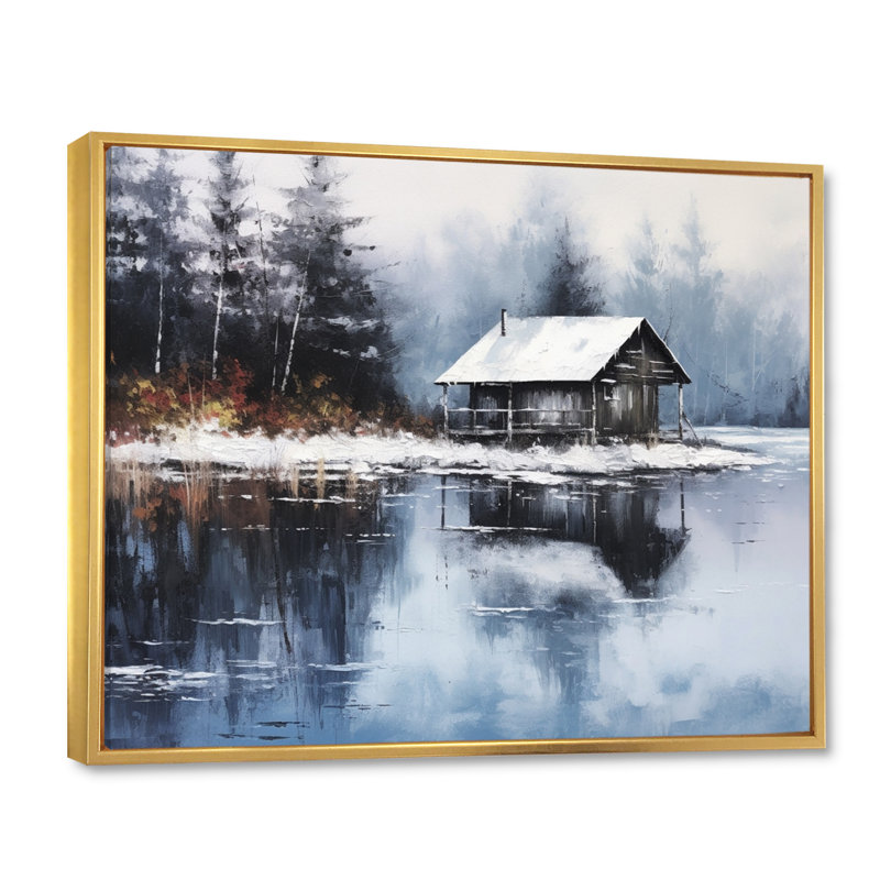 Cozy Snow Cabin IV sur toile, H 16 po x l 32 po x P 1 po, Cadre flottant doré