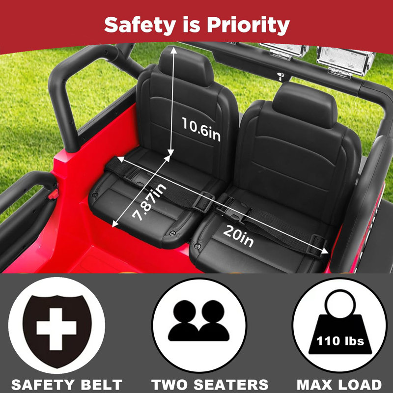 Alex 24V 2 Seater Ride On Jeep Car Truck with Remote Control,Ride on SUV Toys for Big Kids with Parental Remote Control, 20" Wide seat, LED Lights, Safety Belt, Bluetooth, Music, 3 Speeds, Spring Suspension, Red
