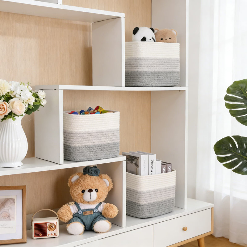 Cotton Rope Storage Baskets 3-Pack, Cube Organizer Bins For Toys Clothes Towels, Foldable Square Decorative Baskets For Shelf Closet Nursery Bathroom Pantry Organization