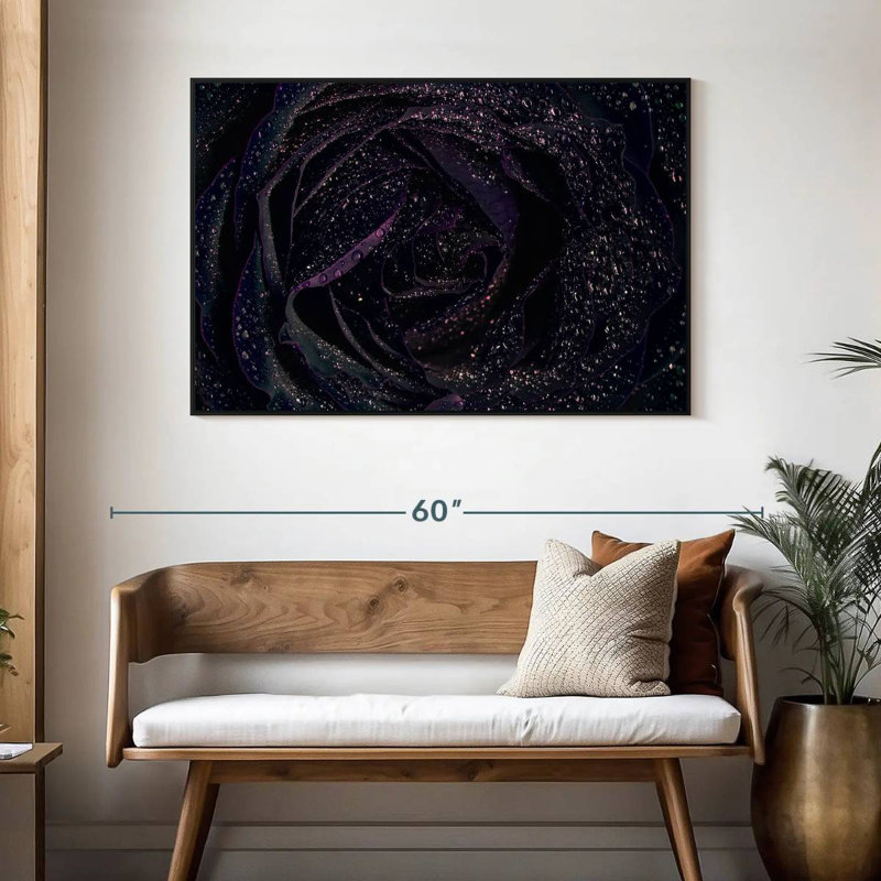 Rose noire scintillante, 46 po x 31 po, Cadre flottant noir