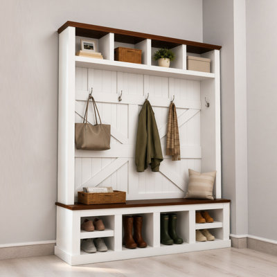 Arbre d'entrée de style campagnard avec banc et rangement pour chaussures, portemanteau d'entrée avec 6 crochets doubles, 4 casiers supérieurs, 4 casiers de rangement inférieurs, tablettes réglables, organisateur de vestibule pour vestibule, vestibule