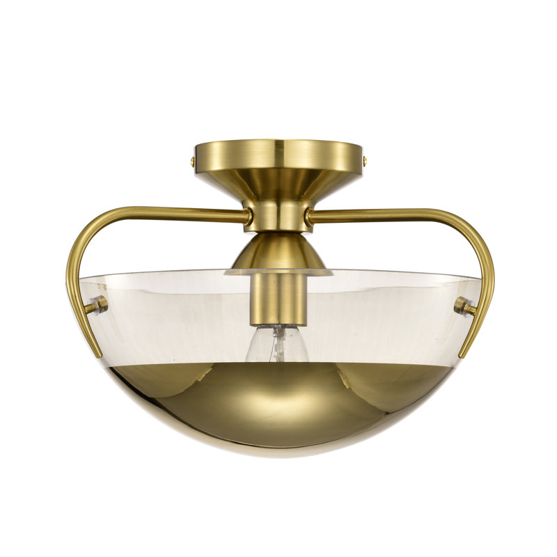 Vexa Brass Semi-Flush Mount Ceiling Lamp With Glass Bowl Shade Metal Bottom Cap - Brass-Gold
