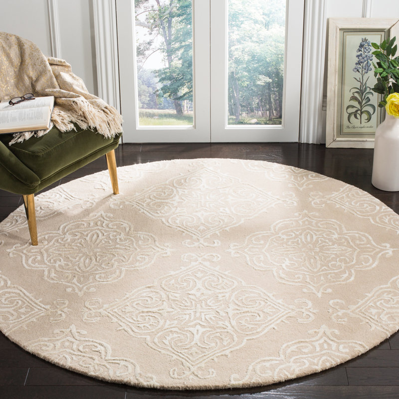 Bernon Hand Tufted Viscose/Wool Damask Rug in Beige, Round 6'