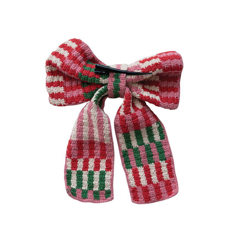Crocheted Cotton Stripe Bow with Iron Clip