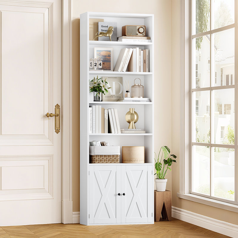 EN VENTE Bibliothèque 2 pièces de 82,3 po de hauteur, 7 étages avec portes pour le bureau à domicile et le salon, Blanc