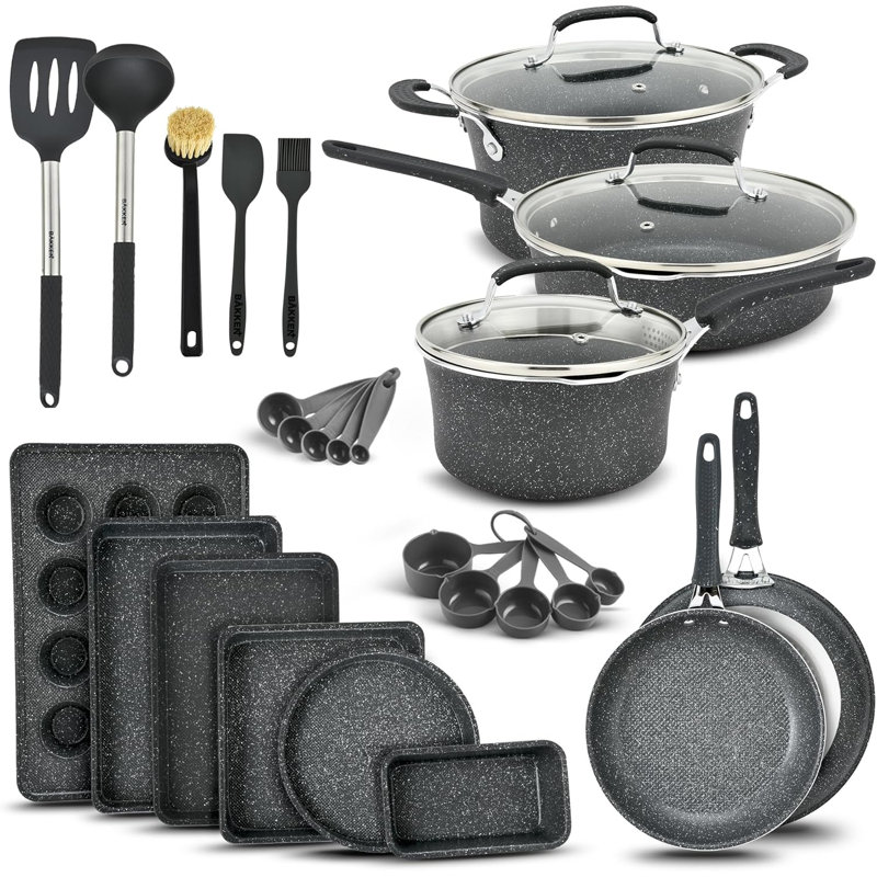 23-Piece Pots and Pans Set, Nonstick Cookware & Bakeware with Plaid Pattern, Stackable, Dishwasher & Oven Safe, Dark Gray