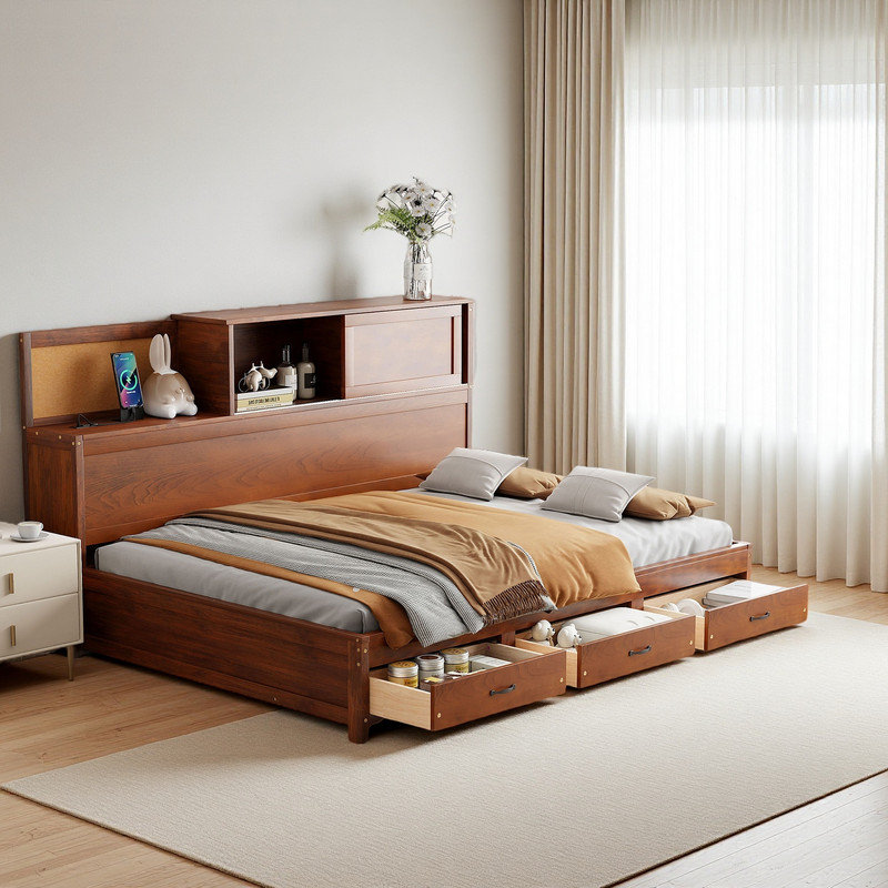 Lit plateforme double avec tiroirs de rangement et tablette, Noyer