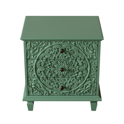 Table de chevet en bois sculpté avec 3 tiroirs, commode décorative en relief à volutes rétro, table de bout d'armoire de rangement pour le salon de la chambre à coucher