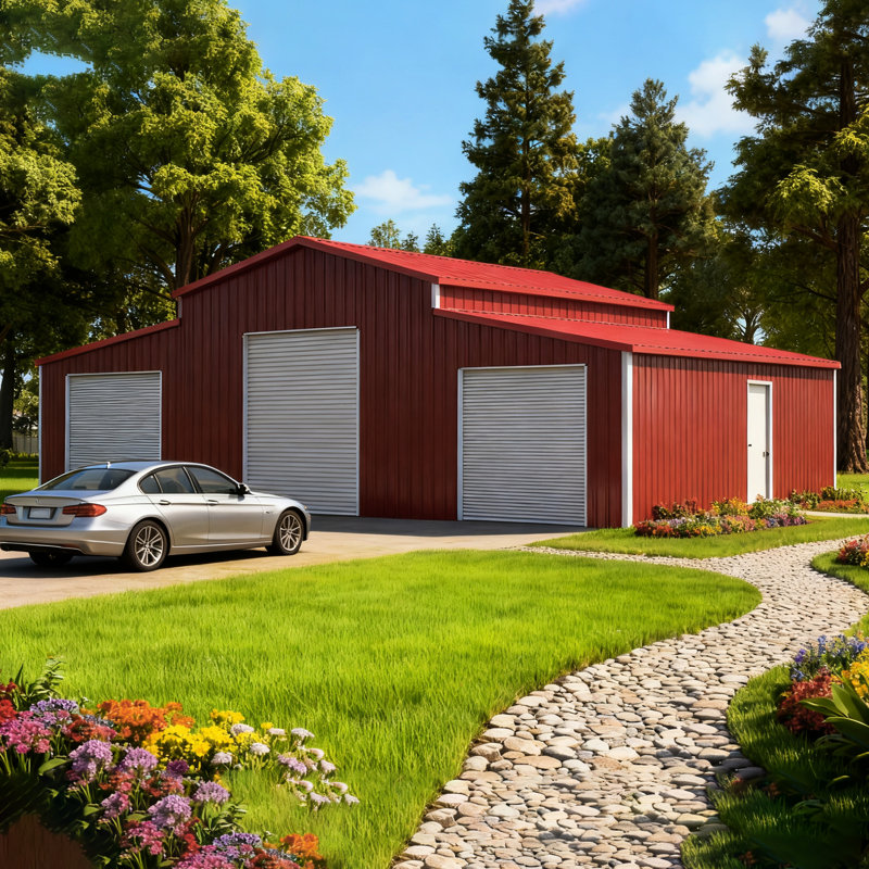 Garage en métal de 42 pi x 30 pi pour la maison et la ferme, acier vieilli, 14 cadres, 26 panneaux, trois portes roulantes, entrée latérale, fenêtre, finition rouille rouge, rangement pour outils de 15 à 20 ans