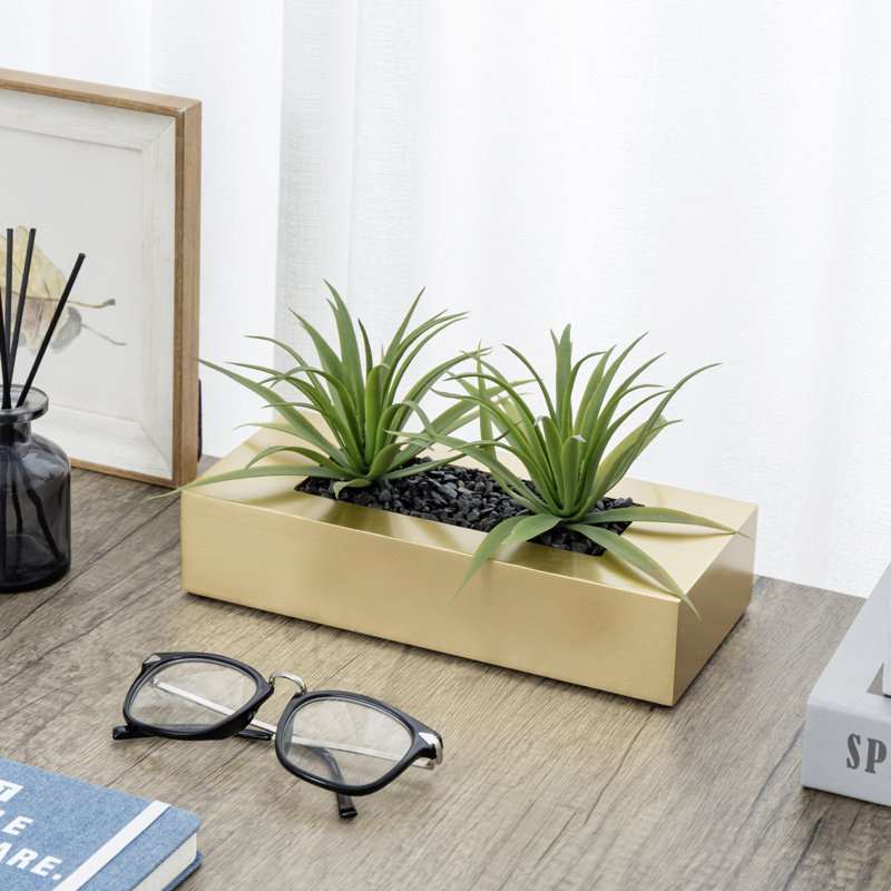 14cm Faux Onion Grass Grass in Solid Wood Planter, Gold