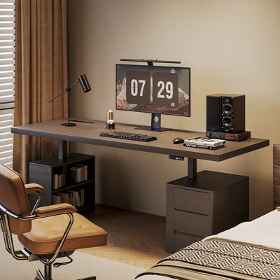 70.87" Italian‑Style Light Luxury Solid Wood Dual‑Motor Height‑Adjustable Desk with Built‑in Power Outlet & Wireless Charging, Smoked Oak and Black Oak Options