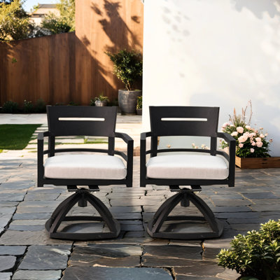 Chaise berçante extérieure pivotante 2 pièces - noir braise. Aluminium léger, support dorsal confortable, tissu de patio noir, 2 pièces Dossier, coussins