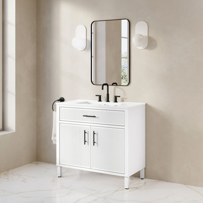 Carissa 24 in. Single Sink Freestanding Bathroom Vanity in Matte White, White Ceramic Top, Matte Black Hardware