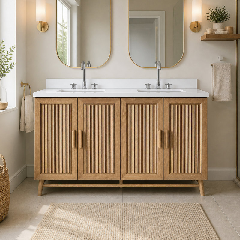 Meuble-lavabo autoportant en bois massif café clair avec plateau blanc, 60"