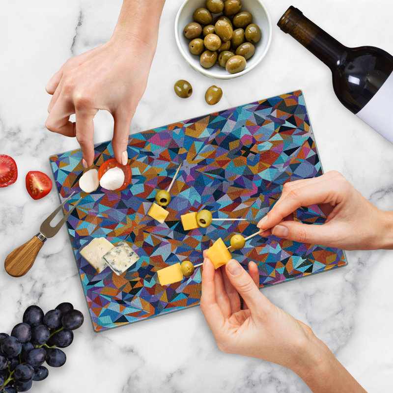 Ambesonne 1970s Tempered Glass Cutting Board Angular Triangle Geometric Multicolor