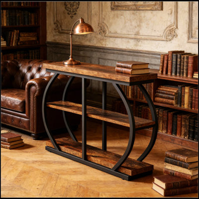 Ample Storage Entryway Table, Console Table With Dual Arched Metal Frames And Rustic Brown Finish For Modern Industrial Decor