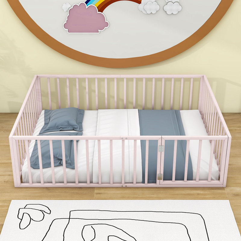 Idonah Metal Floor Bed with Fence and Door, Queen, Pink