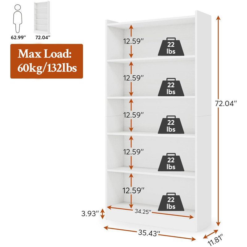 Bibliothèque 72 ", Blanc, (5 tablettes) H 72,05 po x l 11,81 po x P 35,43 po