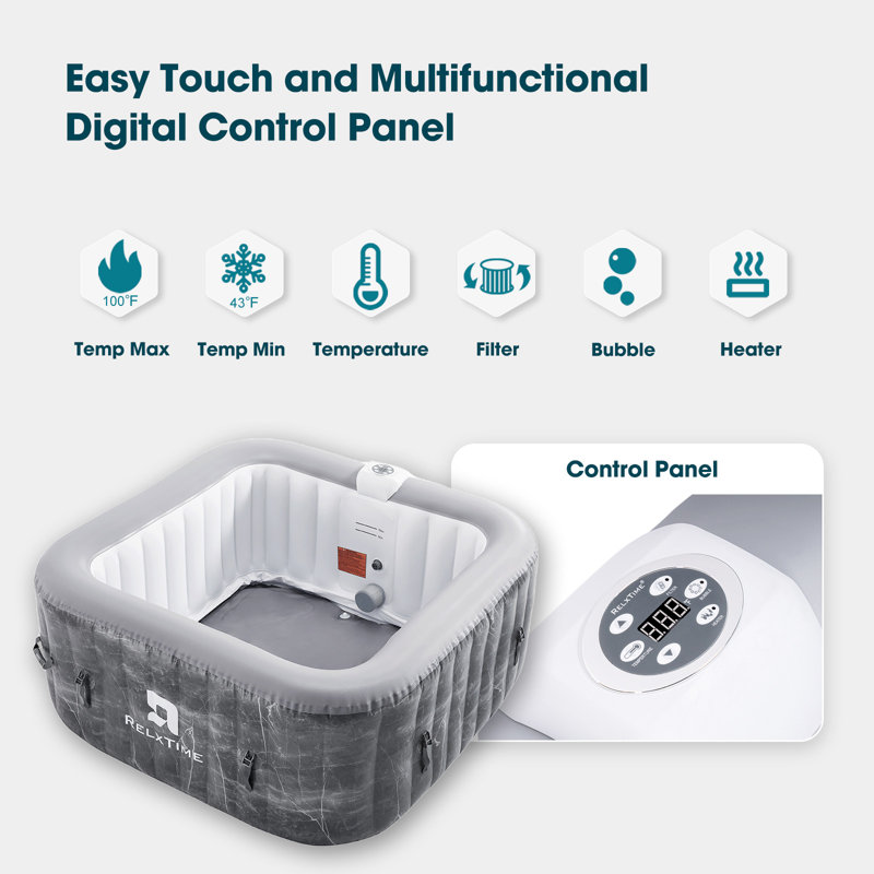 RELXTIME Square Portable Hot Tub 2-4 Person With Hot Tub Cover And Non-slip Seats, Outdoor Inflatable Blow Up Spa With 120 Bubble Jets, Built In Heater Pump, 2 Filter Cartridges