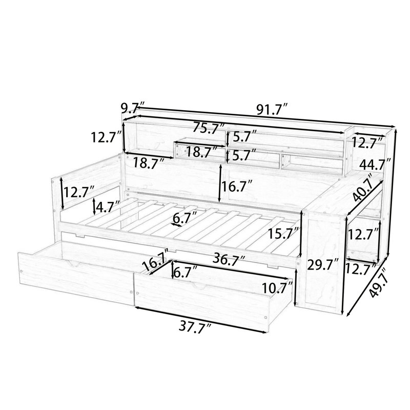Wood Daybed with Storage Shelves,2 Storage Drawers and Study Desk, Natural, Twin