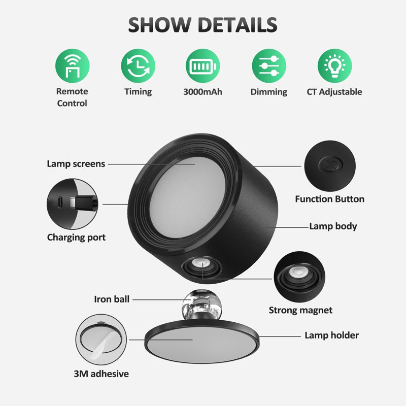 LED Wall Light Rechargeable Battery Operated With Remote, Magnetic Rotation,2 Pcs, Matte Black
