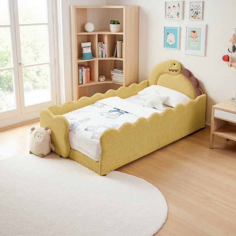 Twin Size Cute Dinosaur-Shaped Kids Bed With Safety Guardraild, Solid Wood Toddler Bed Frame For Children For Bedroom, Yellow