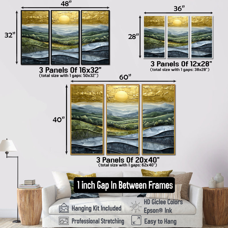 Ensemble de salon art mural vert Alpine Meadows Abstract Landscape I, Toile avec cadre flottant noir