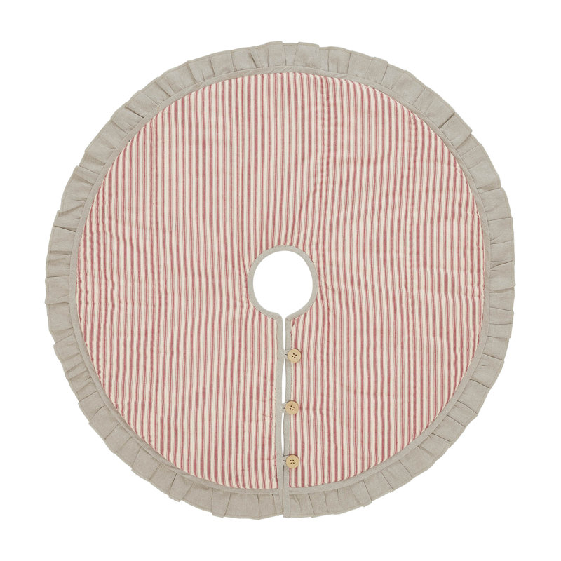 36" Red Ticking Stripe Farmhouse Tree Skirt with Ruffled Edge