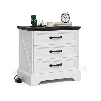 Modern Farmhouse Wood Nightstand with Charging Station & 3 Large Drawers, 24 Inch Wide Rustic Bedside Table & End Table