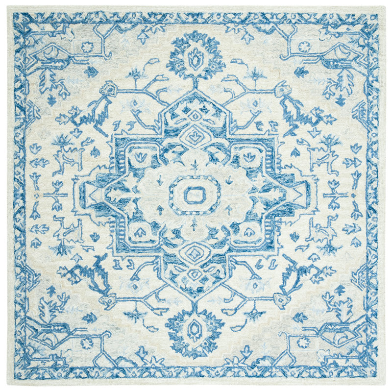 Cuvier Hand Tufted Wool Cotton Oriental Rug in Blue/Ivory, Square 5'