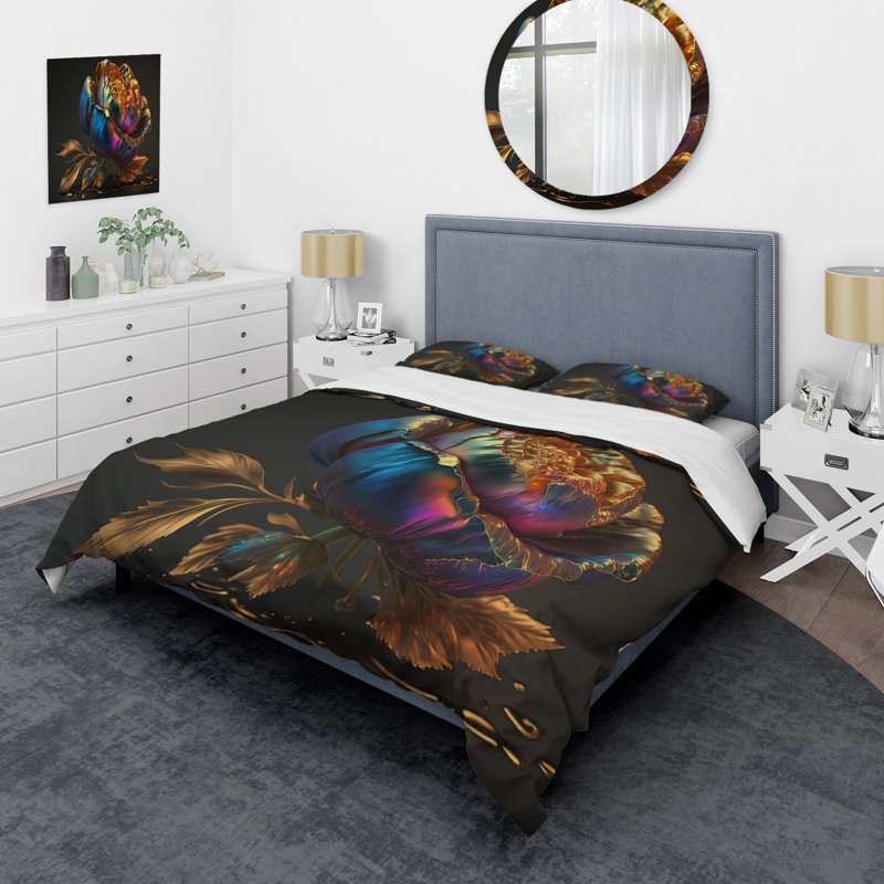 Ensemble de housse de couette Rainbow Peony, Housse de couette pour très grand lit et 2 très