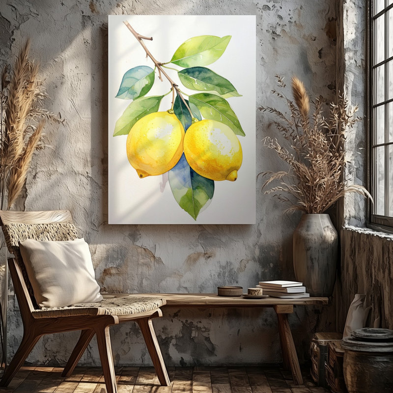 Minimaliste, branche de citron, aquarelle, fruit, aquarelle, art mural, toile prête à accrocher, H 20 po x l 20 po