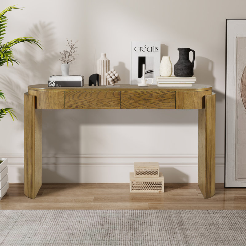 Console élégante avec 2 tiroirs et une conception cannelée pour le vestibule du vestibule, Pin