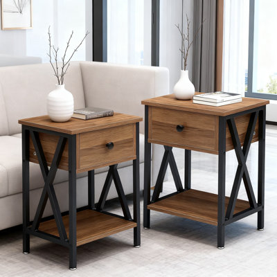 Industrial Nightstand Set Of 2 With Drawer, Modern Bedside Table With Storage Shelf For Bedroom And Living Room, Sturdy Metal Frame And Wood Tabletop