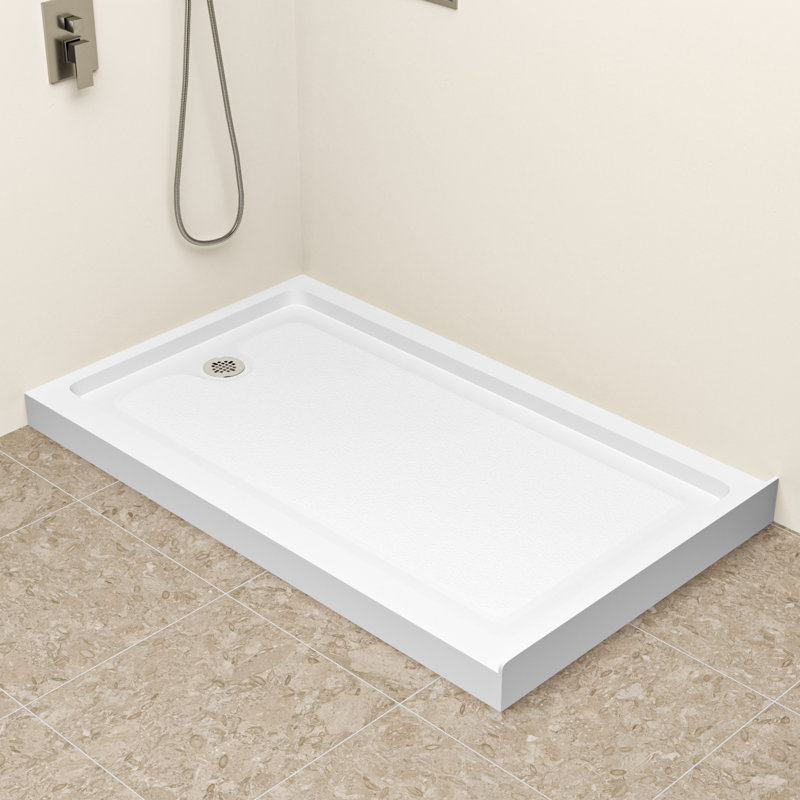 Base de douche en acrylique l 60 po x P 32 po avec surface texturée antidérapante, drain à gauche, blanc