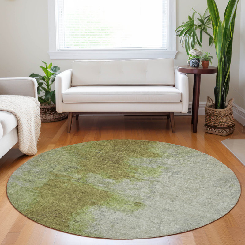 Machine Washable Indoor/Outdoor Xhevrie Olive Rug, Round 8'