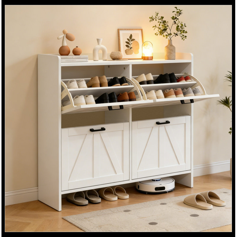 White Modern Fence Shoe Cabinet With 4 Flip Drawers, Sleek Space-Saving Entryway Shoe Organizer For Living Room, White