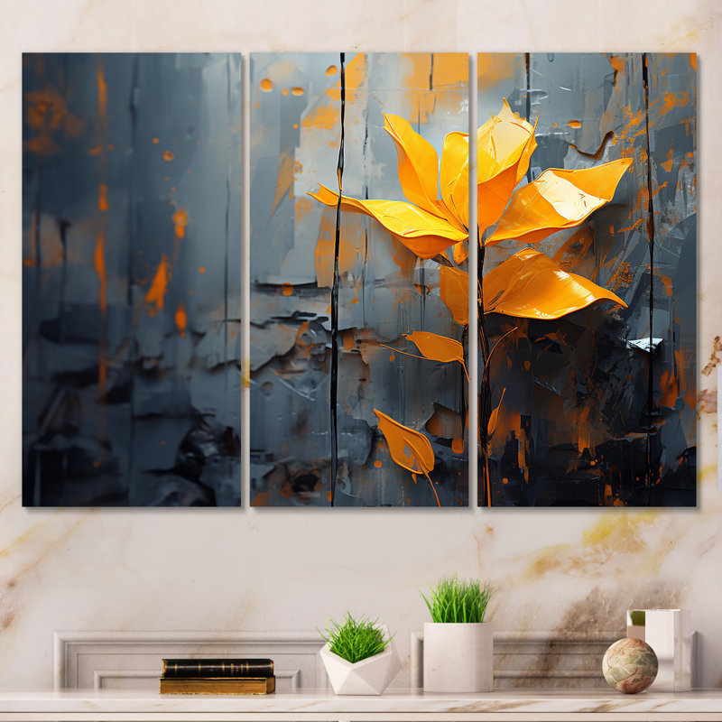 Jaune et gris, feuilles tropicales - Collages abstraits, art mural, H 28 po x l 36 po x P 1 po