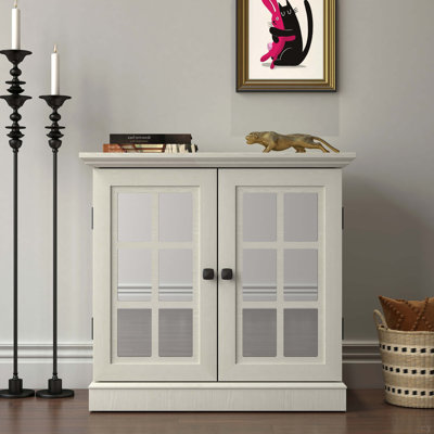 Buffet de rangement avec 2 portes décoratives en miroir en acrylique, tablette réglable pour la salle à manger, le salon, la cuisine, les poignées en métal, le panneau de fibres à densité moyenne et la finition blanche à grain de bois
