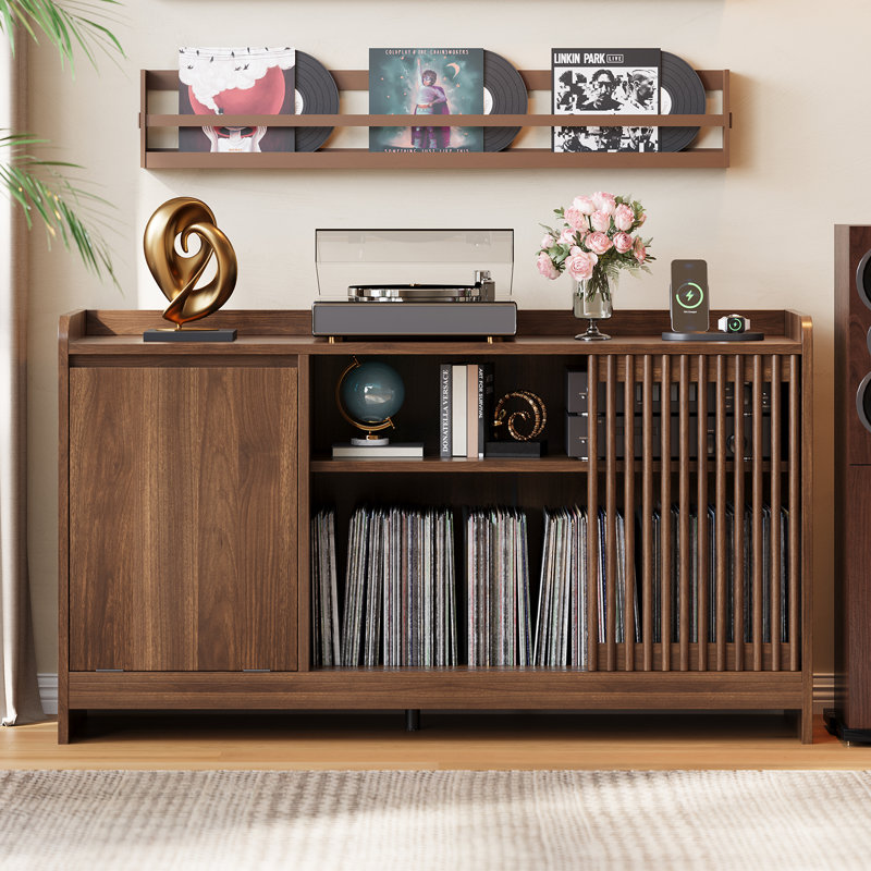 Mid-Century  Turntable Stand With AC & USB Outlets, Large Capacity Media Console Table For Turntable - Large Vinyl Record Storage Cabinet For Living Room & Bedroom